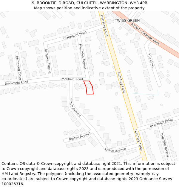 9, BROOKFIELD ROAD, CULCHETH, WARRINGTON, WA3 4PB: Location map and indicative extent of plot