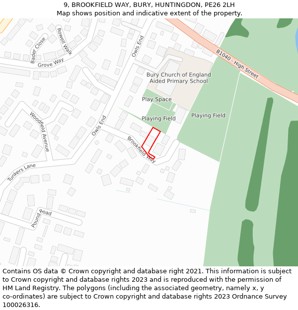 9, BROOKFIELD WAY, BURY, HUNTINGDON, PE26 2LH: Location map and indicative extent of plot