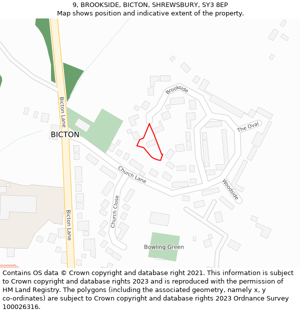 9, BROOKSIDE, BICTON, SHREWSBURY, SY3 8EP: Location map and indicative extent of plot