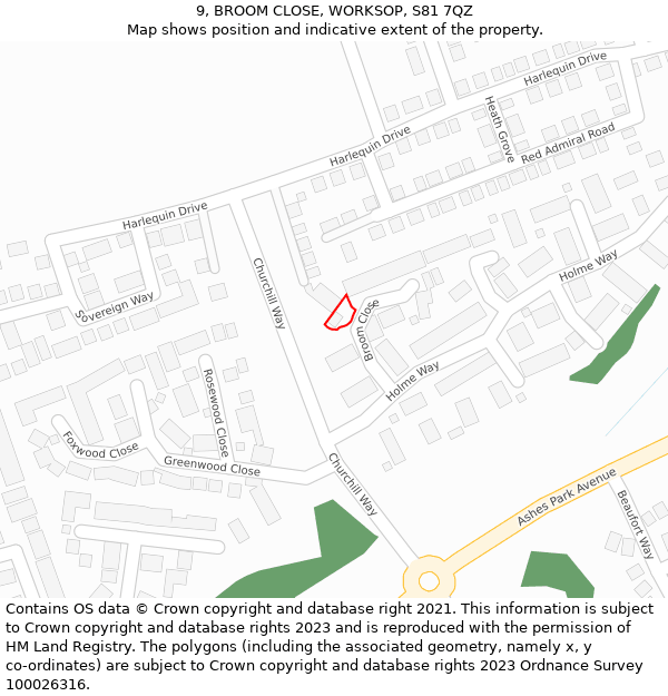 9, BROOM CLOSE, WORKSOP, S81 7QZ: Location map and indicative extent of plot