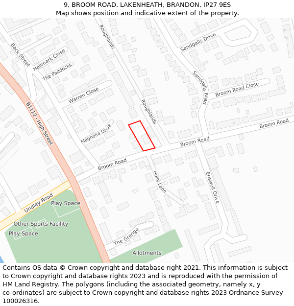 9, BROOM ROAD, LAKENHEATH, BRANDON, IP27 9ES: Location map and indicative extent of plot