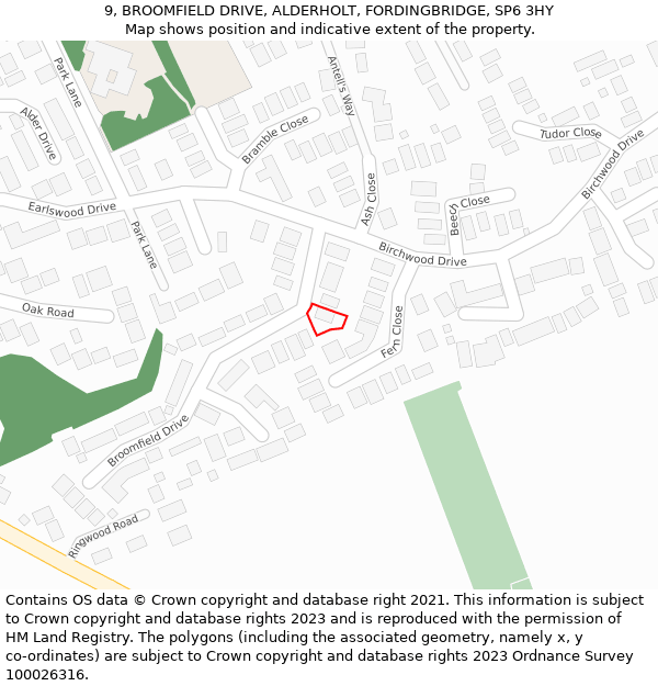 9, BROOMFIELD DRIVE, ALDERHOLT, FORDINGBRIDGE, SP6 3HY: Location map and indicative extent of plot