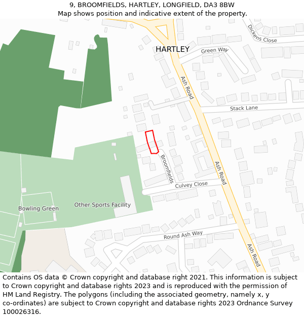 9, BROOMFIELDS, HARTLEY, LONGFIELD, DA3 8BW: Location map and indicative extent of plot