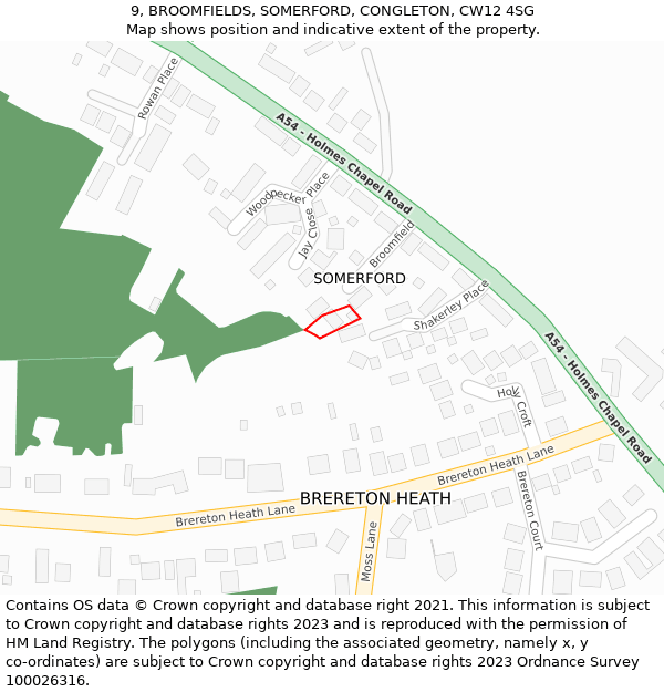 9, BROOMFIELDS, SOMERFORD, CONGLETON, CW12 4SG: Location map and indicative extent of plot