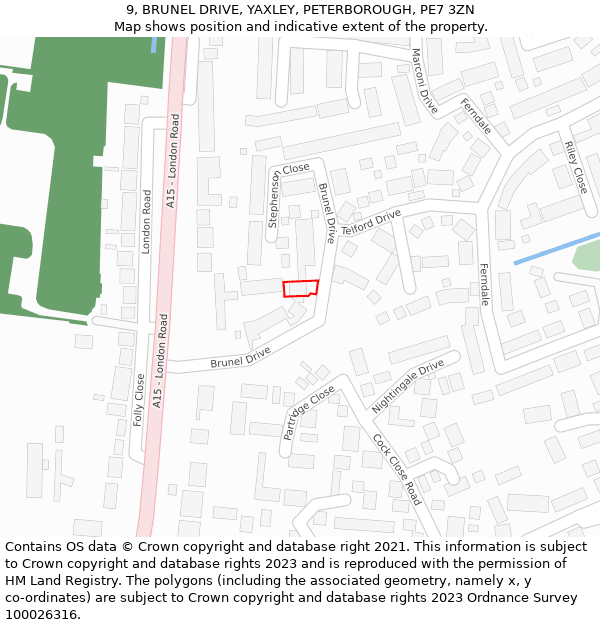 9, BRUNEL DRIVE, YAXLEY, PETERBOROUGH, PE7 3ZN: Location map and indicative extent of plot