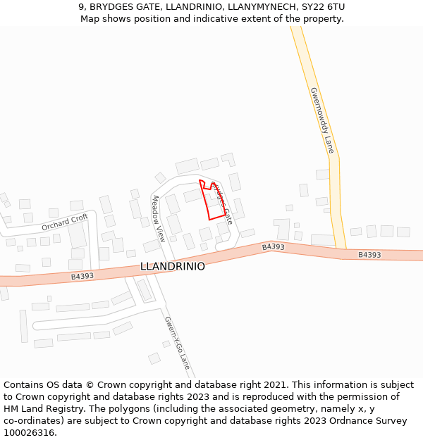 9, BRYDGES GATE, LLANDRINIO, LLANYMYNECH, SY22 6TU: Location map and indicative extent of plot