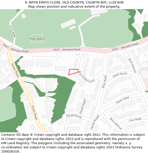 9, BRYN EIRIAS CLOSE, OLD COLWYN, COLWYN BAY, LL29 8AB: Location map and indicative extent of plot