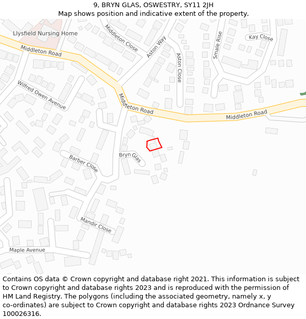 9, BRYN GLAS, OSWESTRY, SY11 2JH: Location map and indicative extent of plot