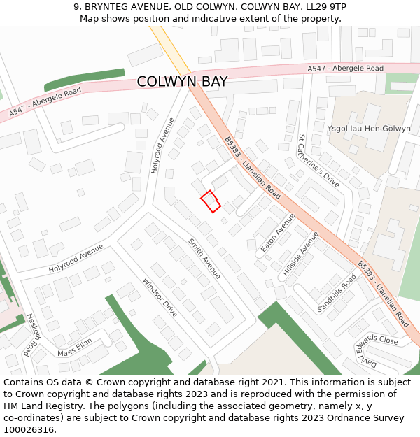 9, BRYNTEG AVENUE, OLD COLWYN, COLWYN BAY, LL29 9TP: Location map and indicative extent of plot
