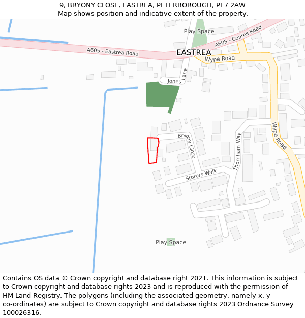 9, BRYONY CLOSE, EASTREA, PETERBOROUGH, PE7 2AW: Location map and indicative extent of plot