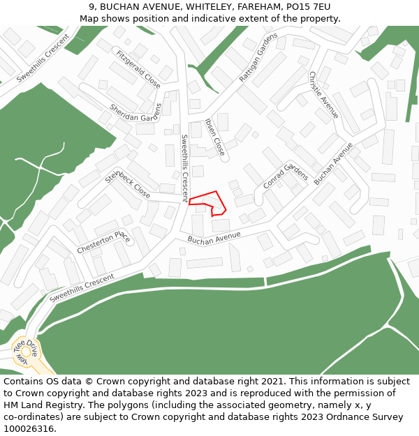 9, BUCHAN AVENUE, WHITELEY, FAREHAM, PO15 7EU: Location map and indicative extent of plot