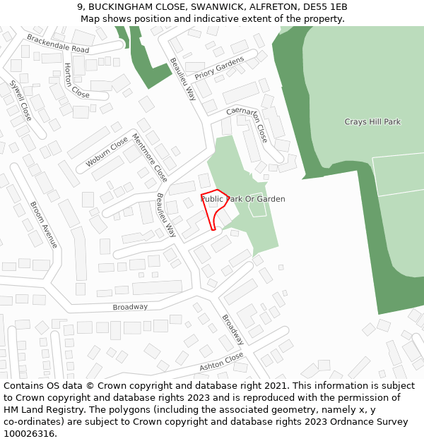 9, BUCKINGHAM CLOSE, SWANWICK, ALFRETON, DE55 1EB: Location map and indicative extent of plot