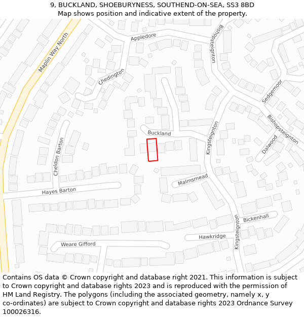 9, BUCKLAND, SHOEBURYNESS, SOUTHEND-ON-SEA, SS3 8BD: Location map and indicative extent of plot