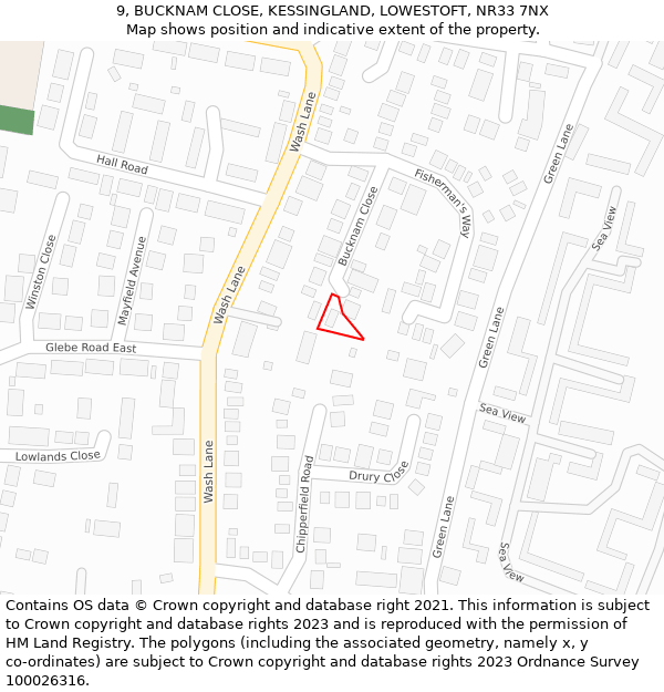 9, BUCKNAM CLOSE, KESSINGLAND, LOWESTOFT, NR33 7NX: Location map and indicative extent of plot