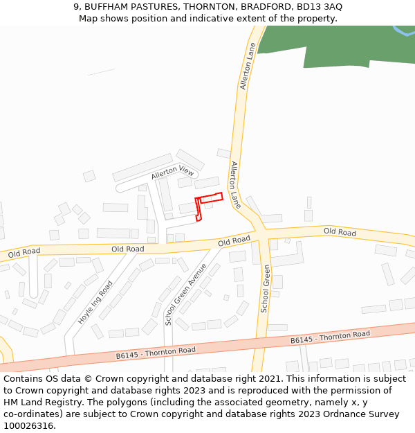 9, BUFFHAM PASTURES, THORNTON, BRADFORD, BD13 3AQ: Location map and indicative extent of plot