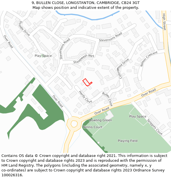 9, BULLEN CLOSE, LONGSTANTON, CAMBRIDGE, CB24 3GT: Location map and indicative extent of plot