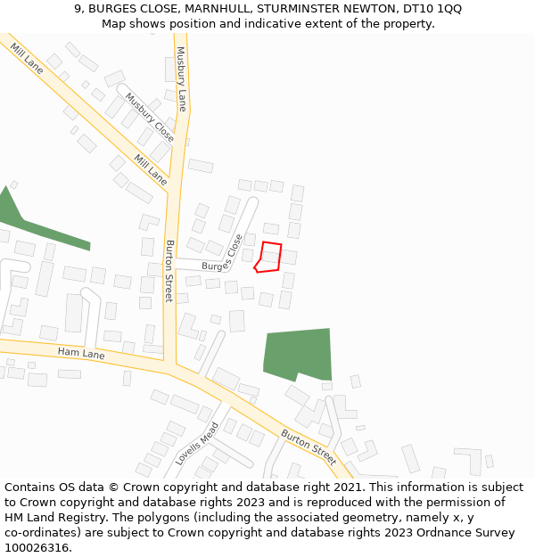 9, BURGES CLOSE, MARNHULL, STURMINSTER NEWTON, DT10 1QQ: Location map and indicative extent of plot