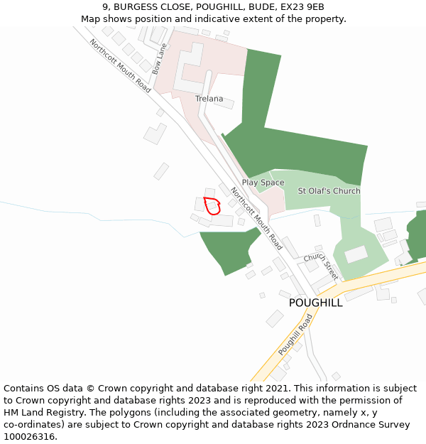 9, BURGESS CLOSE, POUGHILL, BUDE, EX23 9EB: Location map and indicative extent of plot