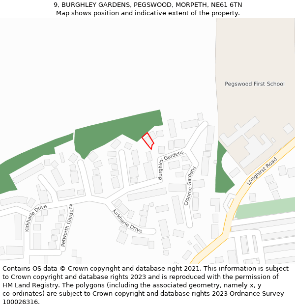 9, BURGHLEY GARDENS, PEGSWOOD, MORPETH, NE61 6TN: Location map and indicative extent of plot