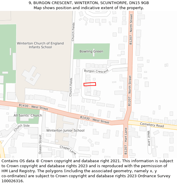 9, BURGON CRESCENT, WINTERTON, SCUNTHORPE, DN15 9GB: Location map and indicative extent of plot