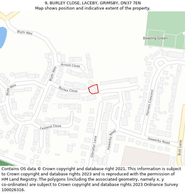 9, BURLEY CLOSE, LACEBY, GRIMSBY, DN37 7EN: Location map and indicative extent of plot