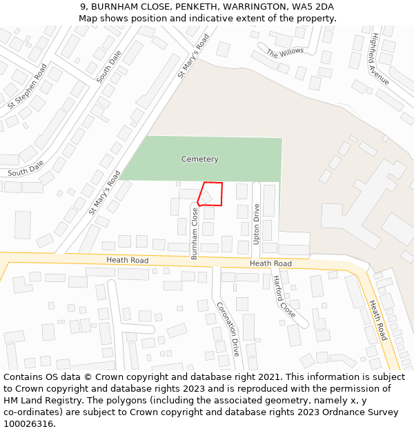 9, BURNHAM CLOSE, PENKETH, WARRINGTON, WA5 2DA: Location map and indicative extent of plot