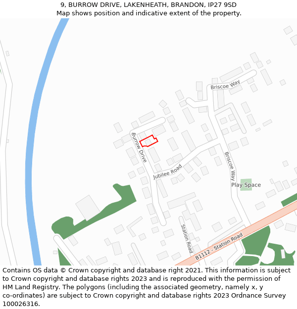 9, BURROW DRIVE, LAKENHEATH, BRANDON, IP27 9SD: Location map and indicative extent of plot