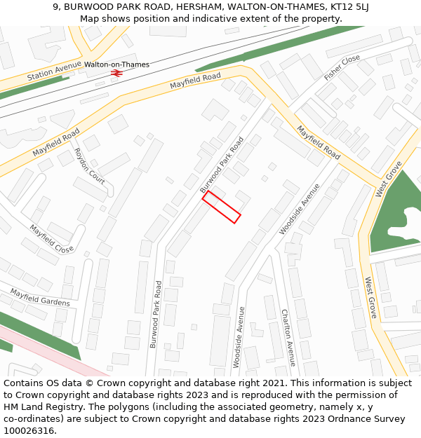 9, BURWOOD PARK ROAD, HERSHAM, WALTON-ON-THAMES, KT12 5LJ: Location map and indicative extent of plot