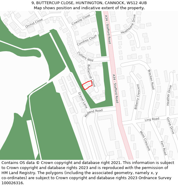 9, BUTTERCUP CLOSE, HUNTINGTON, CANNOCK, WS12 4UB: Location map and indicative extent of plot