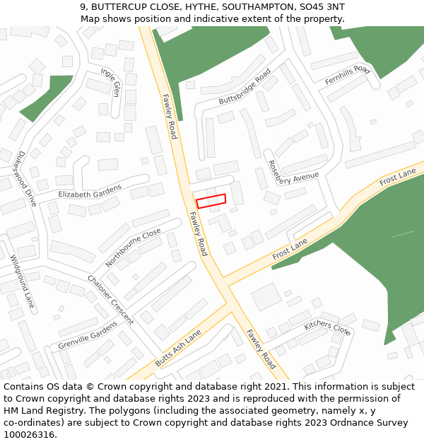 9, BUTTERCUP CLOSE, HYTHE, SOUTHAMPTON, SO45 3NT: Location map and indicative extent of plot