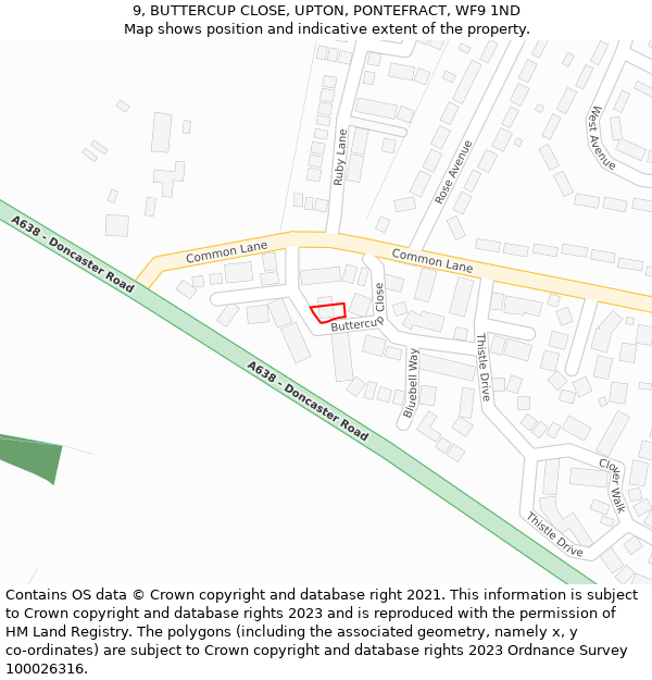 9, BUTTERCUP CLOSE, UPTON, PONTEFRACT, WF9 1ND: Location map and indicative extent of plot