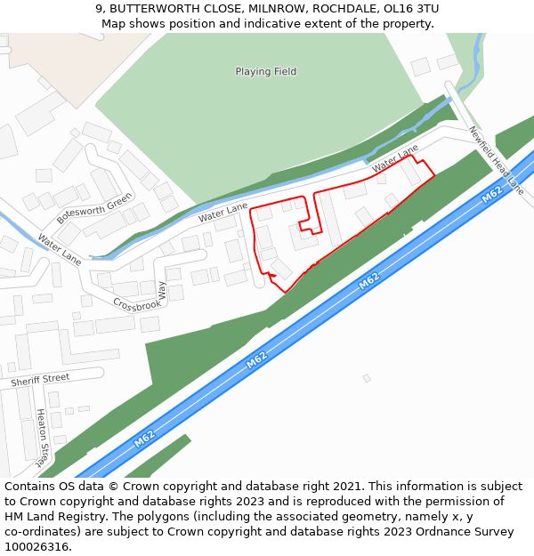 9, BUTTERWORTH CLOSE, MILNROW, ROCHDALE, OL16 3TU: Location map and indicative extent of plot