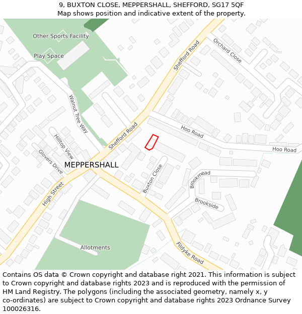 9, BUXTON CLOSE, MEPPERSHALL, SHEFFORD, SG17 5QF: Location map and indicative extent of plot