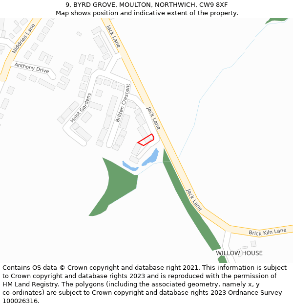 9, BYRD GROVE, MOULTON, NORTHWICH, CW9 8XF: Location map and indicative extent of plot