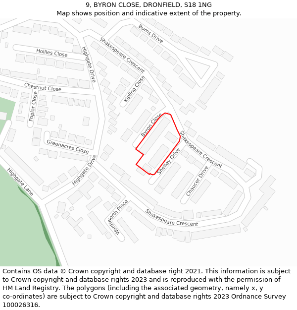 9, BYRON CLOSE, DRONFIELD, S18 1NG: Location map and indicative extent of plot