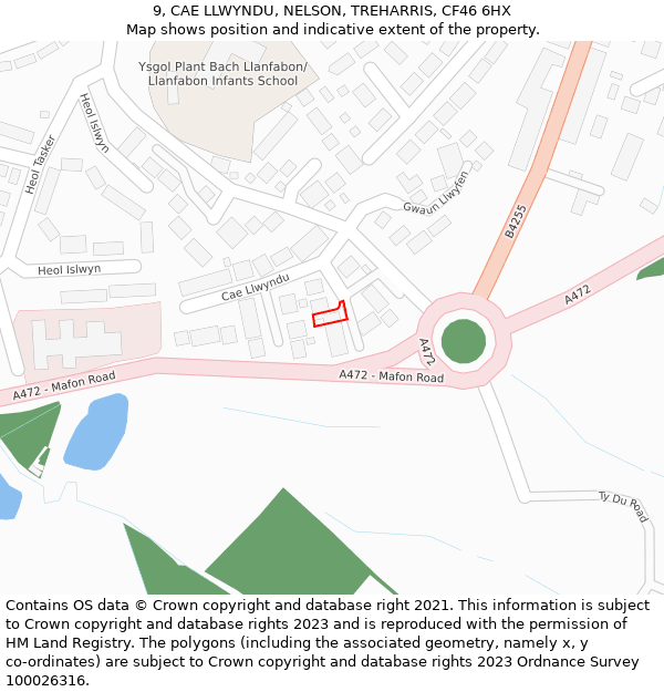 9, CAE LLWYNDU, NELSON, TREHARRIS, CF46 6HX: Location map and indicative extent of plot