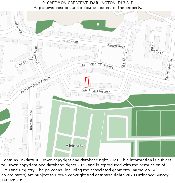 9, CAEDMON CRESCENT, DARLINGTON, DL3 8LF: Location map and indicative extent of plot