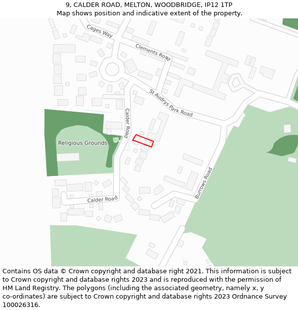 9, CALDER ROAD, MELTON, WOODBRIDGE, IP12 1TP: Location map and indicative extent of plot