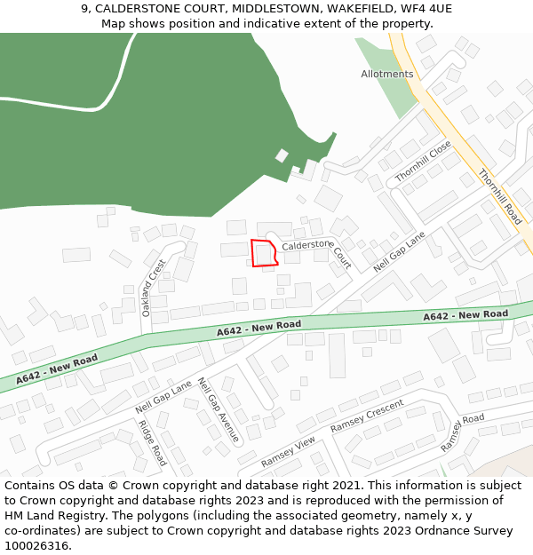 9, CALDERSTONE COURT, MIDDLESTOWN, WAKEFIELD, WF4 4UE: Location map and indicative extent of plot