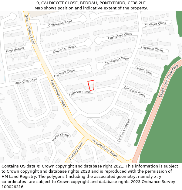 9, CALDICOTT CLOSE, BEDDAU, PONTYPRIDD, CF38 2LE: Location map and indicative extent of plot