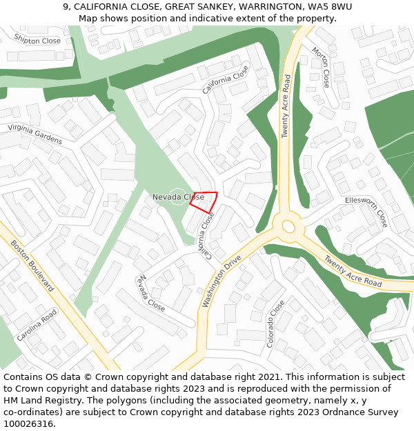 9, CALIFORNIA CLOSE, GREAT SANKEY, WARRINGTON, WA5 8WU: Location map and indicative extent of plot