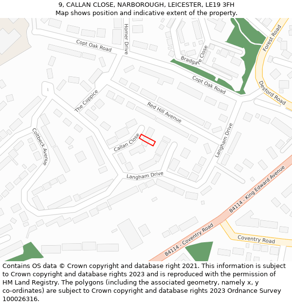 9, CALLAN CLOSE, NARBOROUGH, LEICESTER, LE19 3FH: Location map and indicative extent of plot