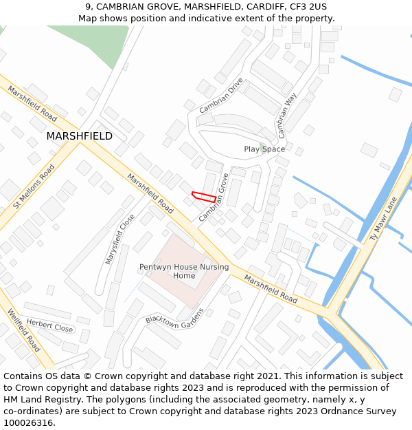 9, CAMBRIAN GROVE, MARSHFIELD, CARDIFF, CF3 2US: Location map and indicative extent of plot