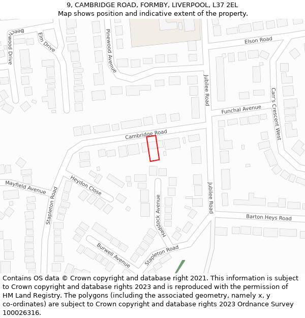 9, CAMBRIDGE ROAD, FORMBY, LIVERPOOL, L37 2EL: Location map and indicative extent of plot