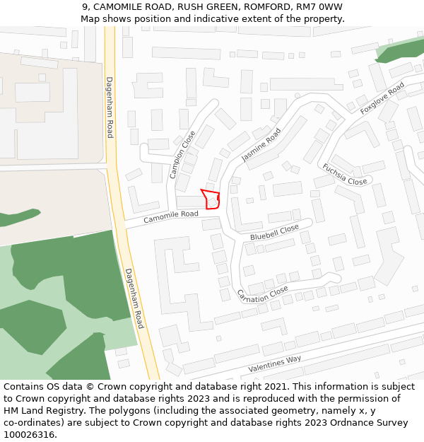 9, CAMOMILE ROAD, RUSH GREEN, ROMFORD, RM7 0WW: Location map and indicative extent of plot