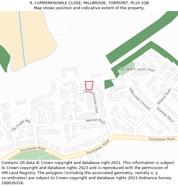 9, CAMPERKNOWLE CLOSE, MILLBROOK, TORPOINT, PL10 1QB: Location map and indicative extent of plot