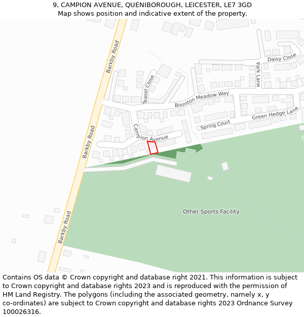 9, CAMPION AVENUE, QUENIBOROUGH, LEICESTER, LE7 3GD: Location map and indicative extent of plot