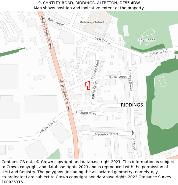 9, CANTLEY ROAD, RIDDINGS, ALFRETON, DE55 4DW: Location map and indicative extent of plot