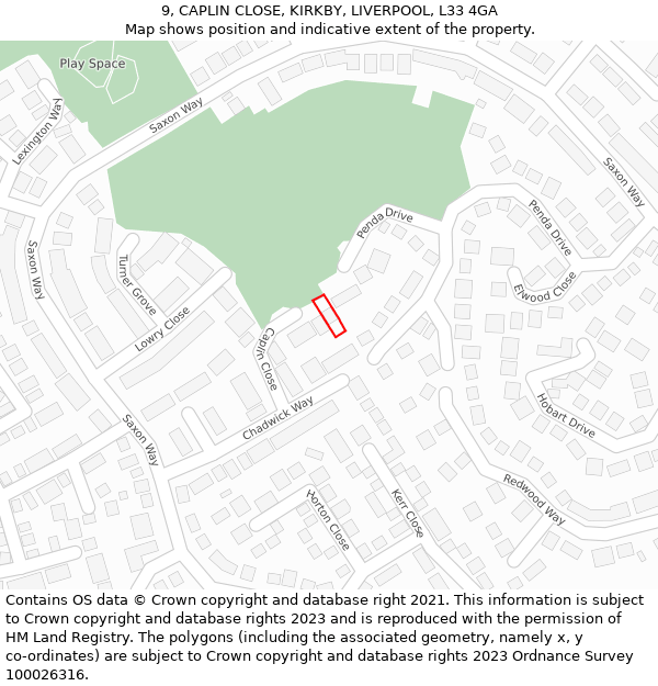 9, CAPLIN CLOSE, KIRKBY, LIVERPOOL, L33 4GA: Location map and indicative extent of plot