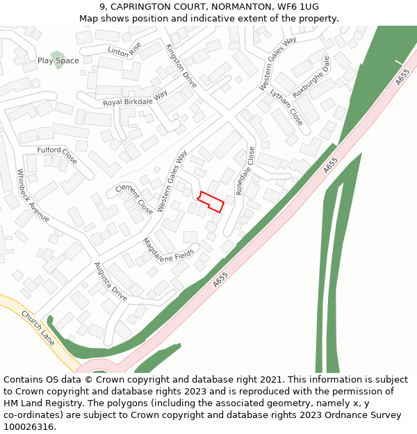 9, CAPRINGTON COURT, NORMANTON, WF6 1UG: Location map and indicative extent of plot